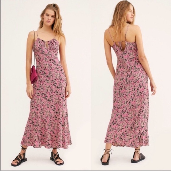 Free People Dresses & Skirts - Free People Pink Floral Slip Maxi Dress with Spaghetti Straps